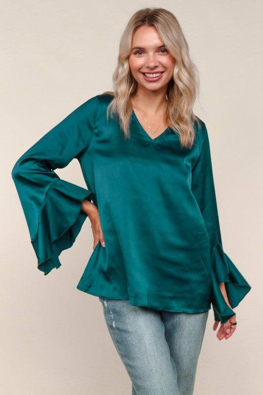 Solid Satin Hi-Low Ruffle Sleeve Blouse