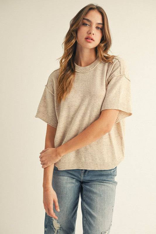 Raw Edge Accent Drop Shoulder Comfy Sweater Top
