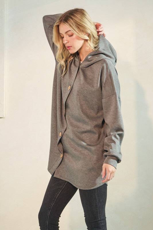 Solid Modal Scuba Hoodie Cardigan with Puff Sleeves, Button Front & Dolphin Hem