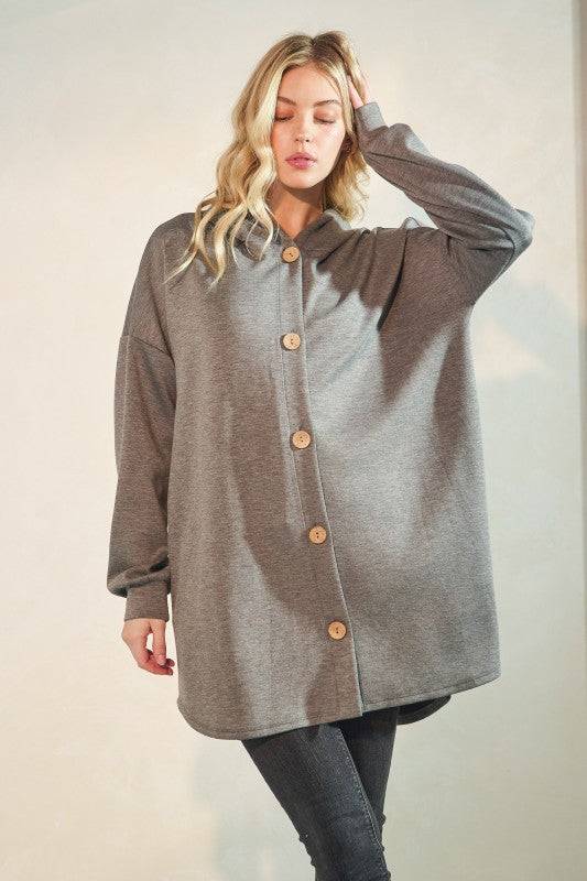 Solid Modal Scuba Hoodie Cardigan with Puff Sleeves, Button Front & Dolphin Hem