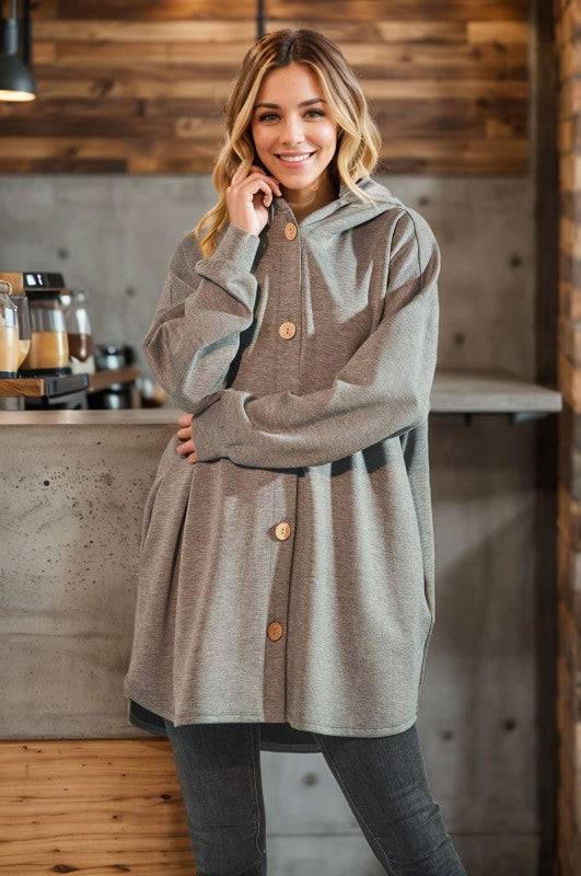 Solid Modal Scuba Hoodie Cardigan with Puff Sleeves, Button Front & Dolphin Hem