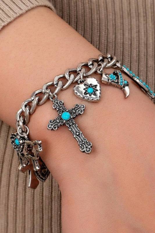 Western Turquoise Charm Bracelet – Cowboy Boot, Cactus & Cross Accents