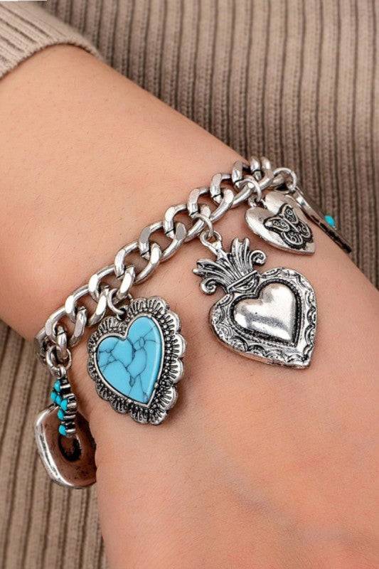 Western Turquoise Heart Charm Bracelet – Sacred Heart & Cross Accents