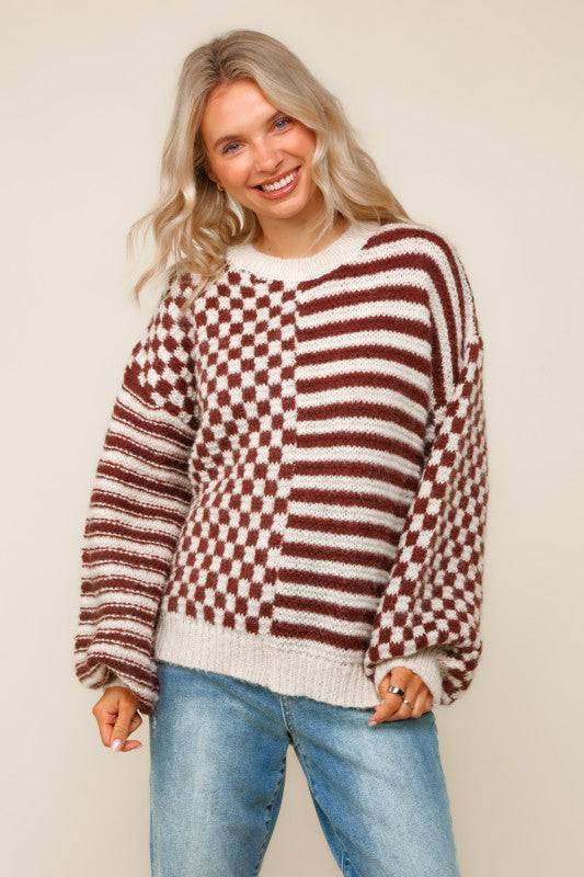 Oversize Checker Stripe Pullover Sweater Top