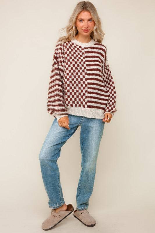 Oversize Checker Stripe Pullover Sweater Top