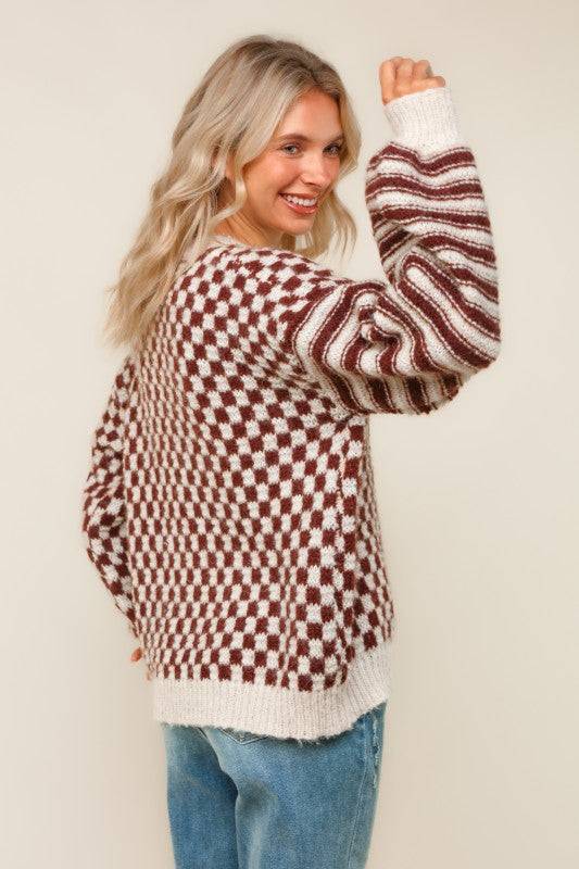 Oversize Checker Stripe Pullover Sweater Top
