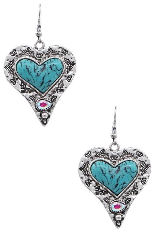 Turquoise Dangle Earrings - Metal Heart Design