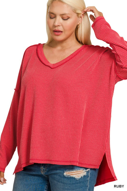 Raised Rib Long Sleeve Hi-Low V-Neck Top