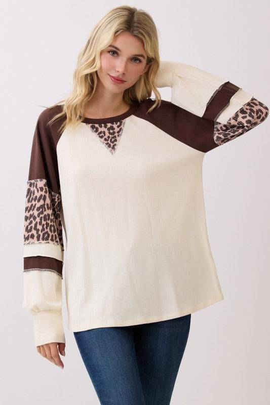 Plus Leopard Color Block Raglan Pullover Top