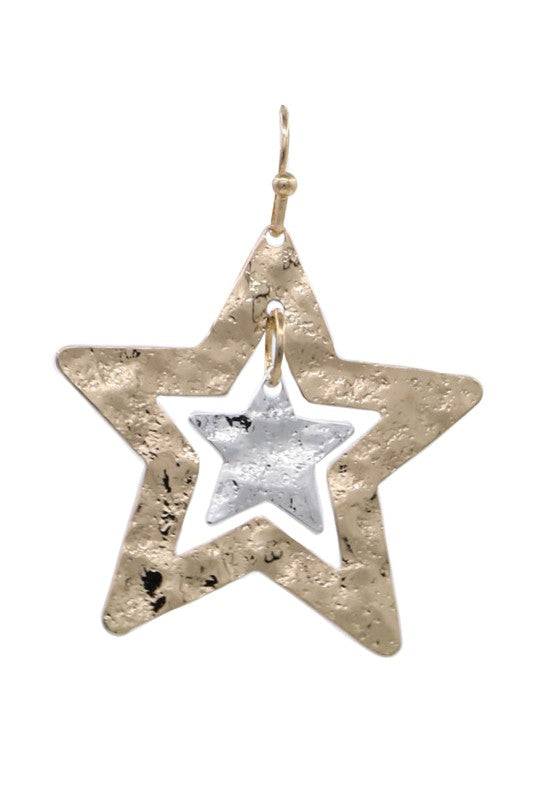 Metal Layered Hammered Star Drop Earrings