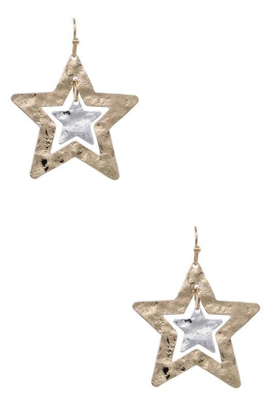 Metal Layered Hammered Star Drop Earrings