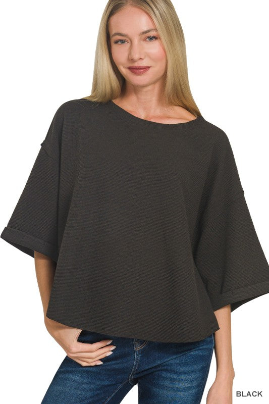 Double Knit Exposed Seam Curved Hem Top