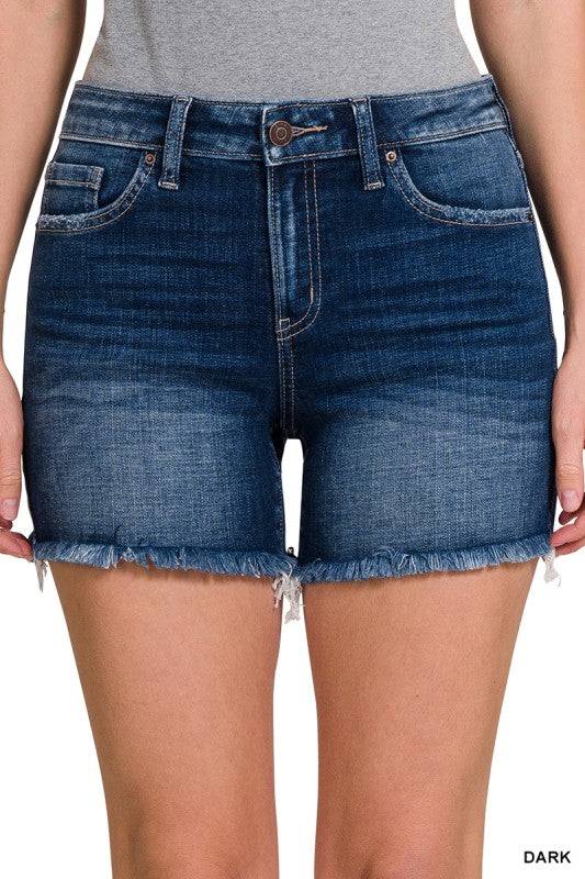 Mid Rise Denim Shorts with Raw Frayed Hem