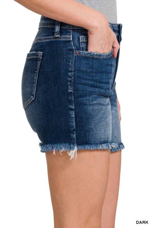 Mid Rise Denim Shorts with Raw Frayed Hem
