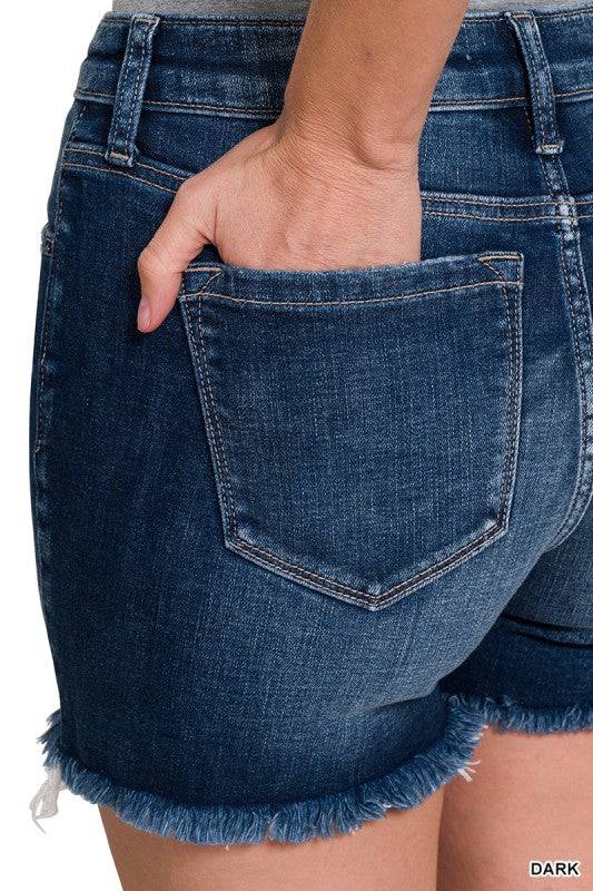 Mid Rise Denim Shorts with Raw Frayed Hem
