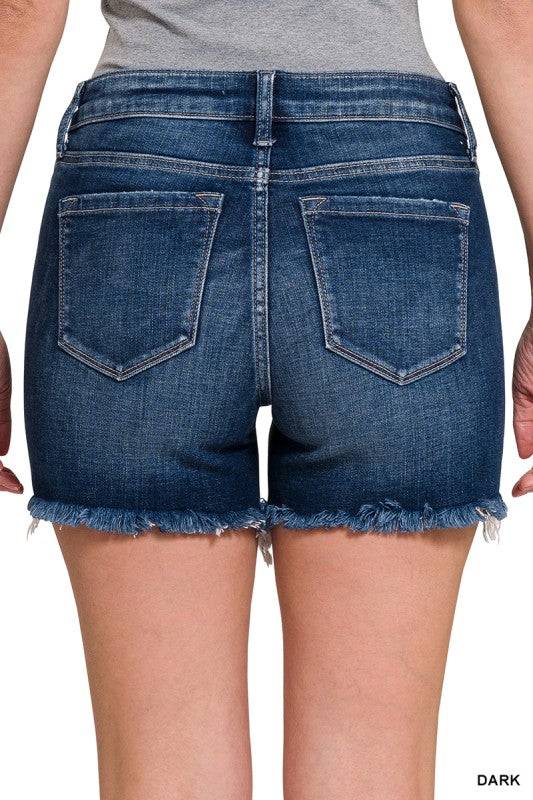 Mid Rise Denim Shorts with Raw Frayed Hem