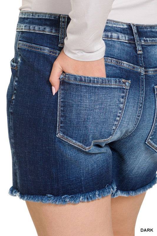 Mid Rise Denim Shorts with Raw Frayed Hem