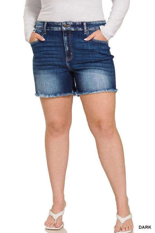 Mid Rise Denim Shorts with Raw Frayed Hem