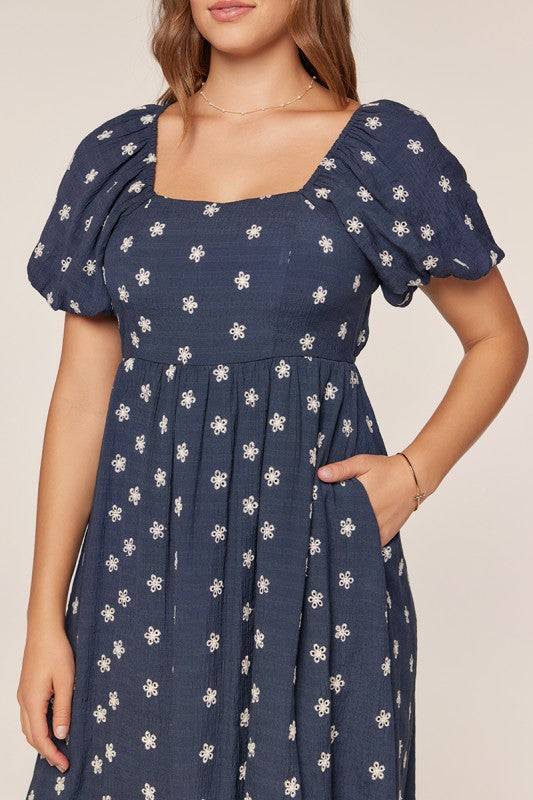 Floral Embroidered Midi Dress with Square Neckline