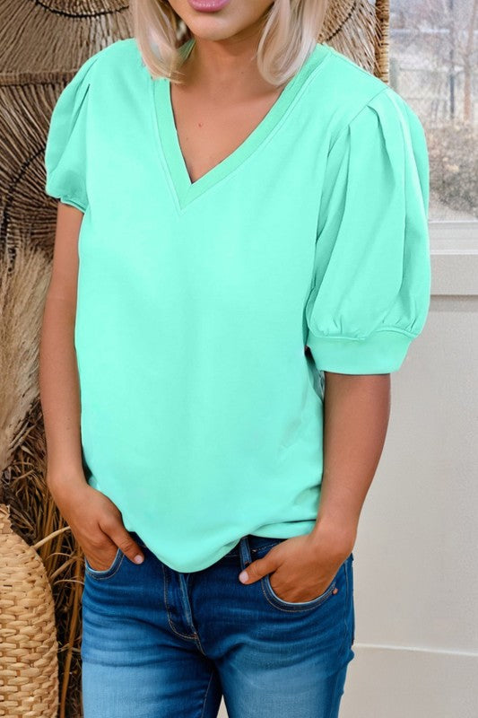 Puff Sleeve V Neck Pleated Blouse