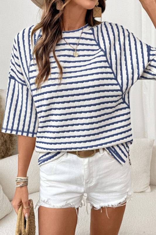 Stripe Textured Knit Top Casual Tee