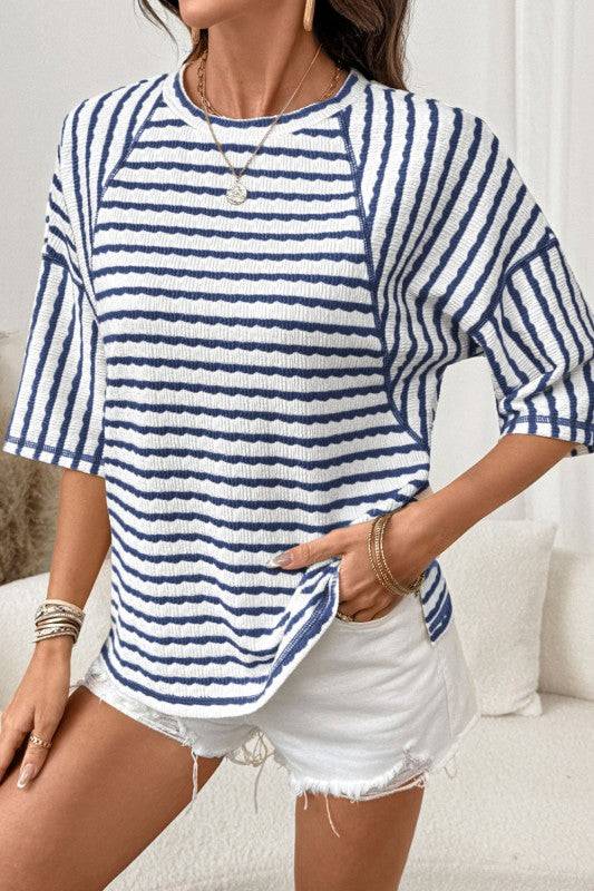 Stripe Textured Knit Top Casual Tee
