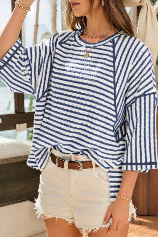 Stripe Textured Knit Top Casual Tee