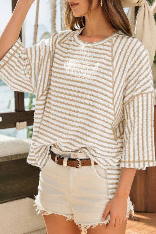 Stripe Textured Knit Top Casual Tee