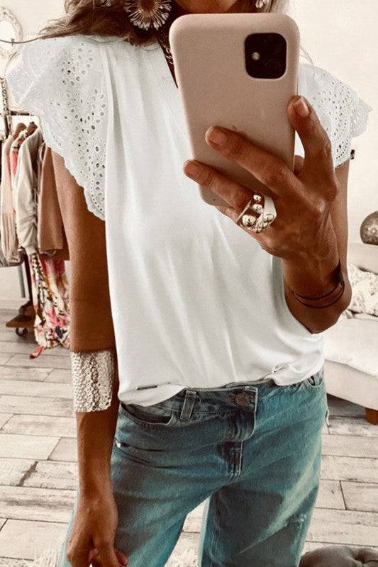 Eyelet Embroidered Flutter Sleeve Tee - Eyelet Embroidered Tee