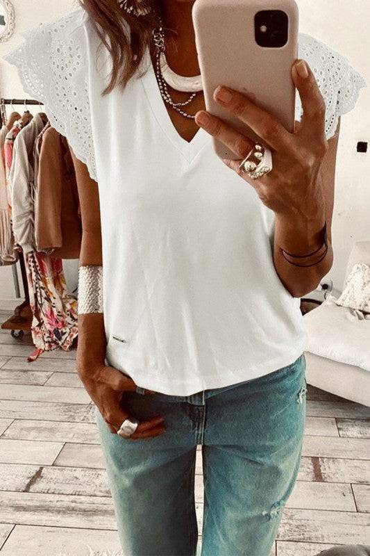 Eyelet Embroidered Flutter Sleeve Tee - Eyelet Embroidered Tee