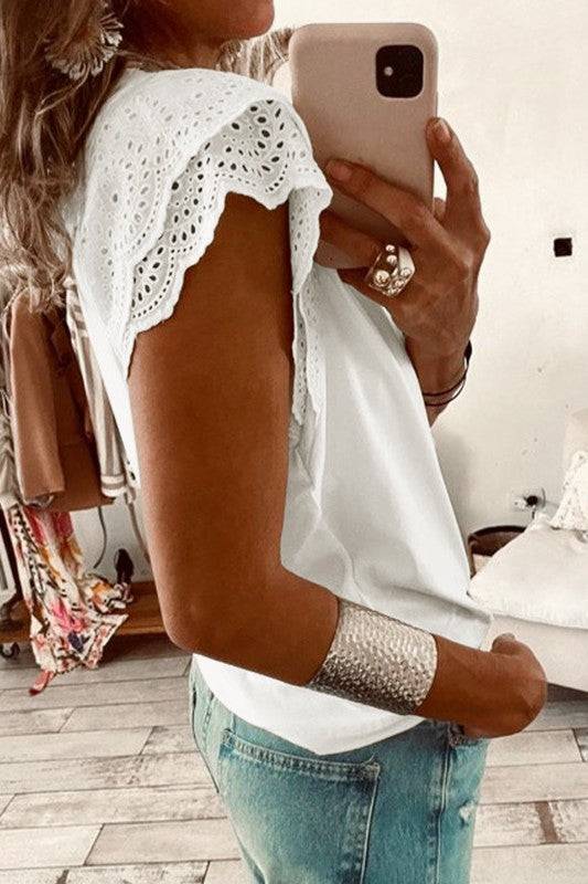 Eyelet Embroidered Flutter Sleeve Tee - Eyelet Embroidered Tee
