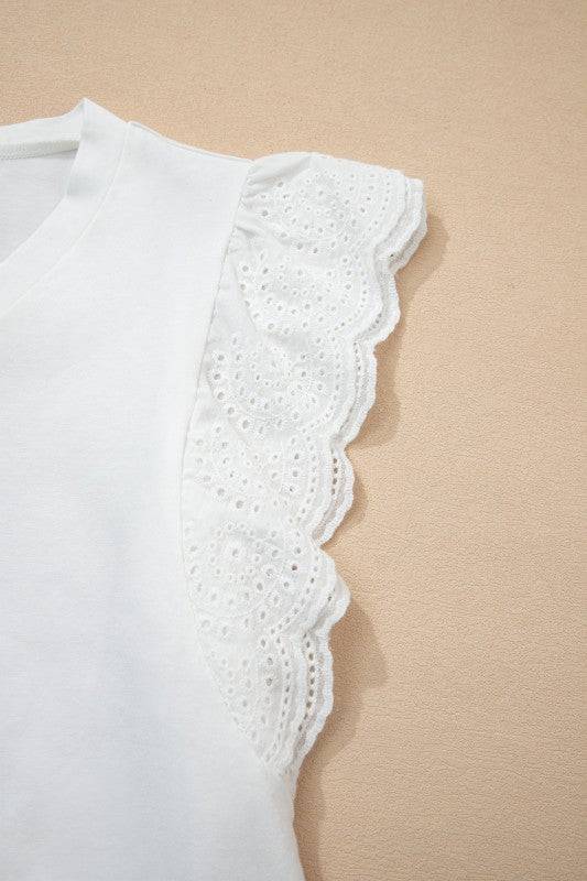 Eyelet Embroidered Flutter Sleeve Tee - Eyelet Embroidered Tee