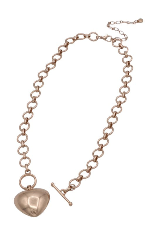 Metal Circle Link Chain Puffy Heart Toggle Necklace