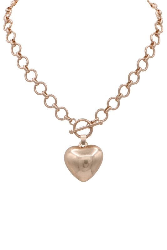 Metal Circle Link Chain Puffy Heart Toggle Necklace