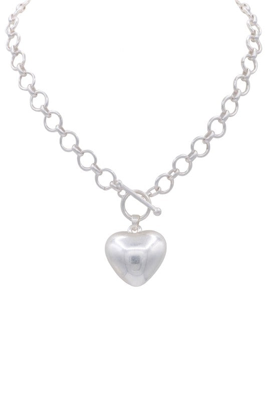 Metal Circle Link Chain Puffy Heart Toggle Necklace