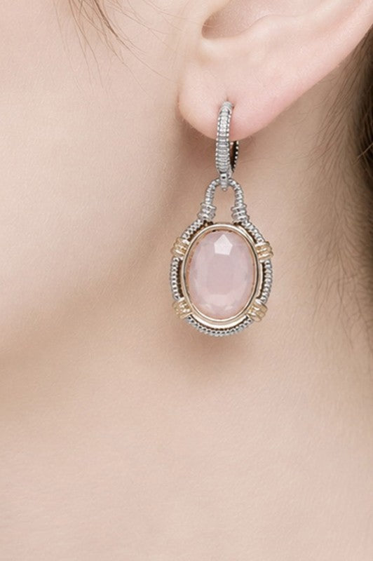 Two-Tone Oval Gemstone Drop Earrings