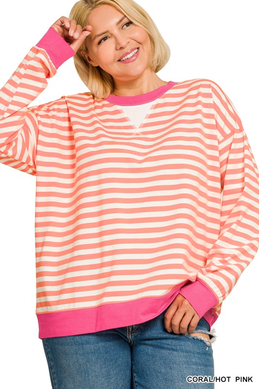 Striped Rib Banded Long Sleeve Pullover