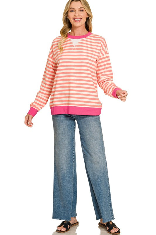 Striped Rib Banded Long Sleeve Pullover