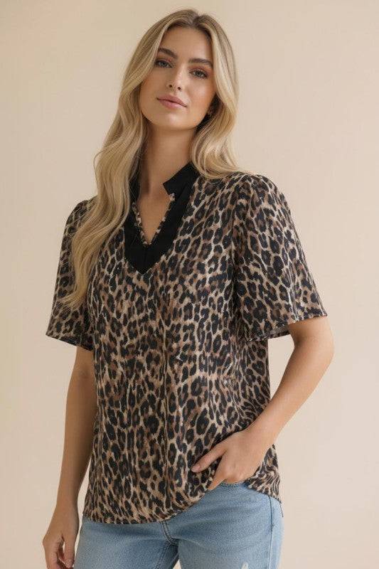Leopard Print Blouse with Color Block Flutter Sleeves