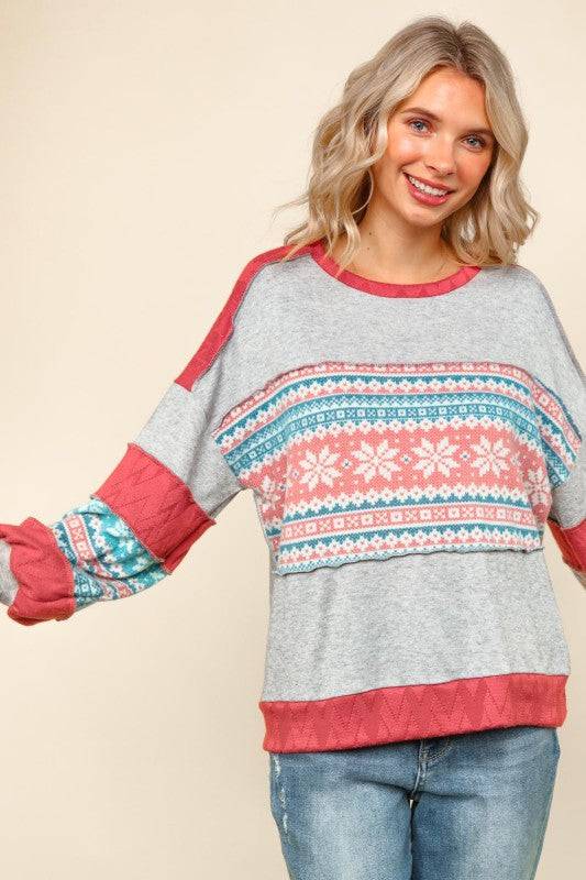 Snowflake Pattern Color Block Pullover Top