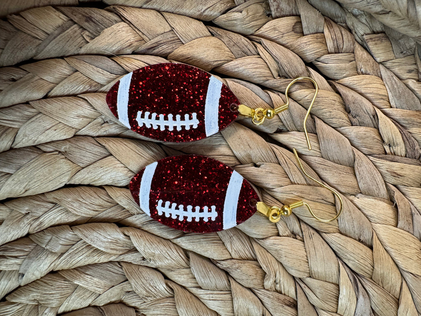Glitter Football Earrings – Game Day Drop Earrings in Team Colors – 2.5" Football Dangles – Custom Football Mom Jewelry