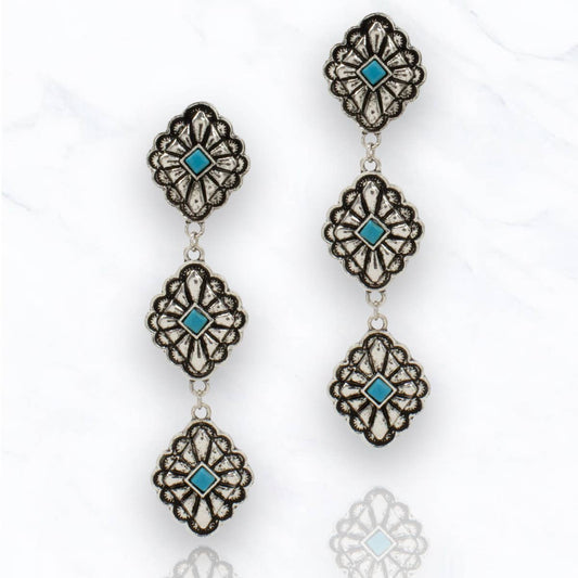 Triple Drop Western Earrings – Turquoise & Antique Silver Statement