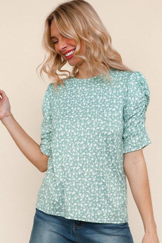Floral Top W/ Shirring Detail on Sleeves