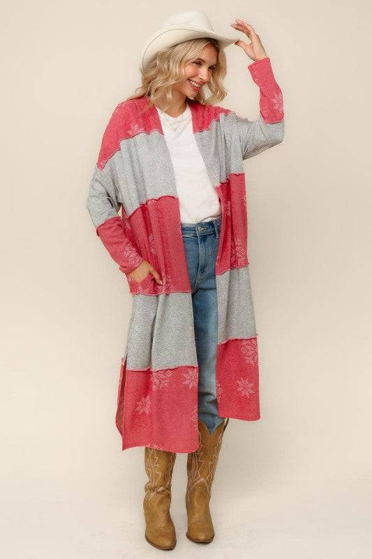 Color Block Snowflake Print Duster Cardigan