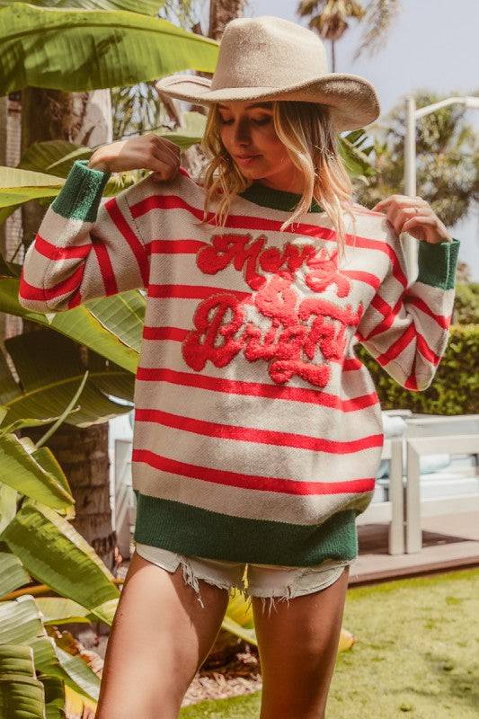 Merry & Bright Christmas Stripe Knit Top