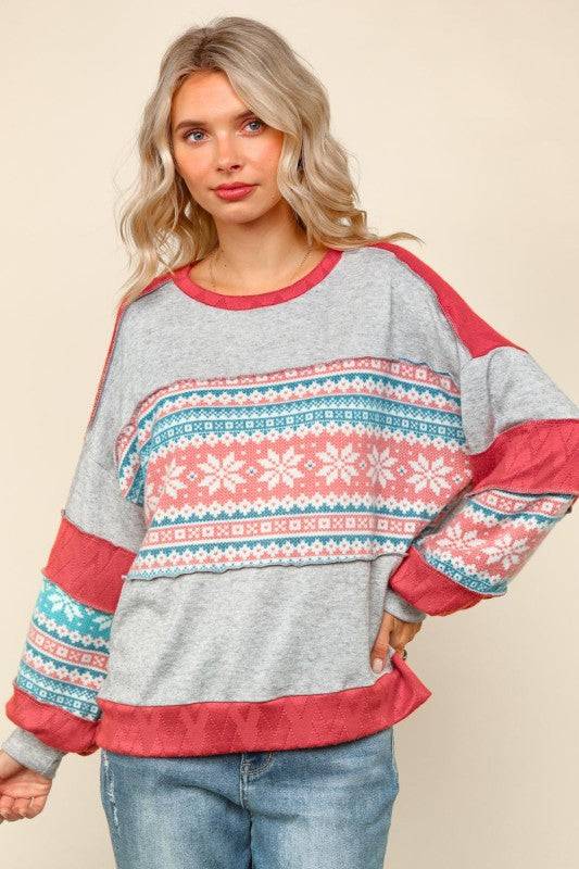 Snowflake Pattern Color Block Pullover Top