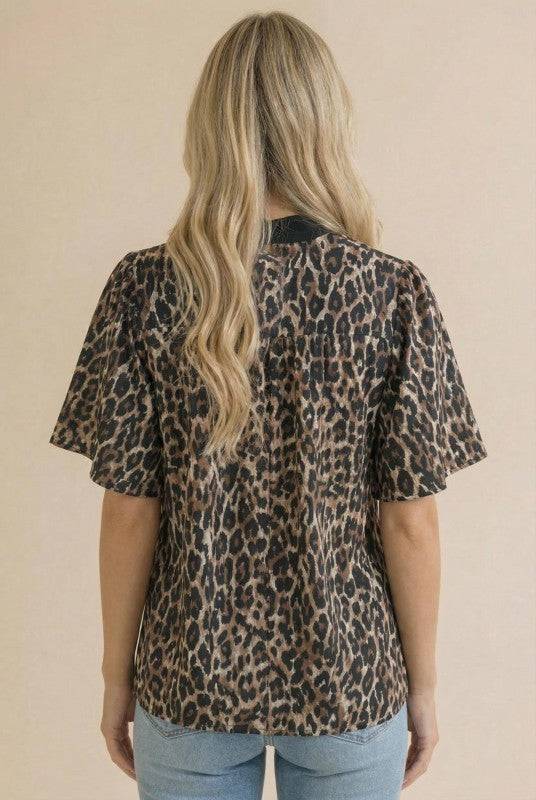 Leopard Print Blouse with Color Block Flutter Sleeves