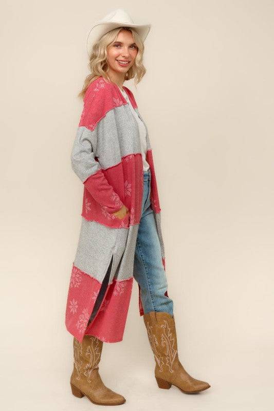 Color Block Snowflake Print Duster Cardigan