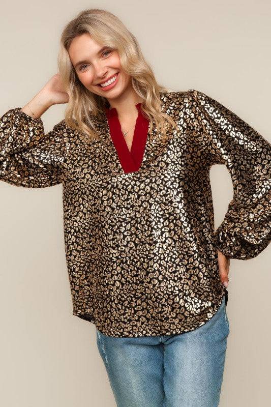 Cheetah Foil Print Long Sleeve Blouse Top