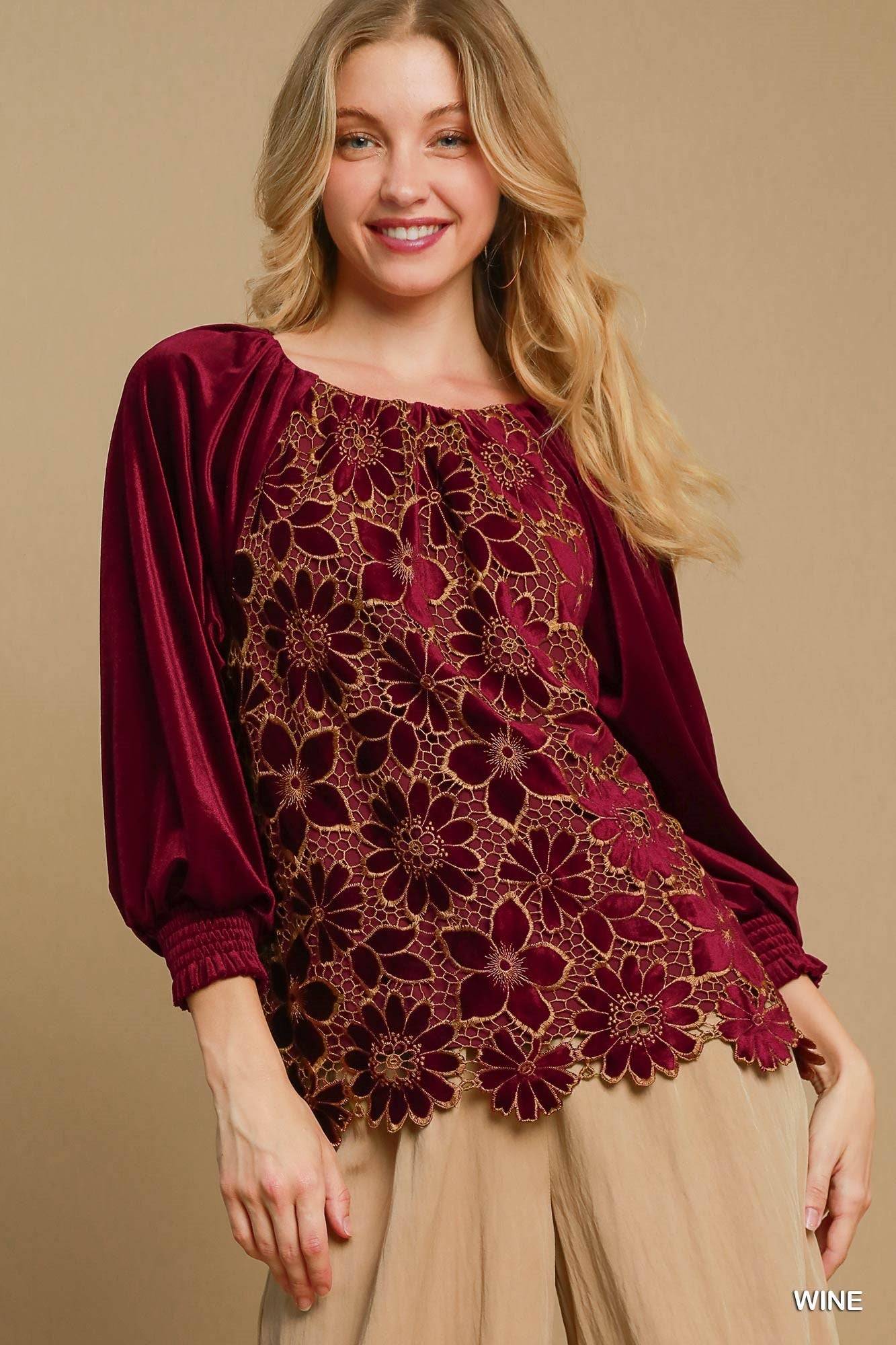 Floral Lace Velvet Top with 3/4 Smocked Raglan Sleeves